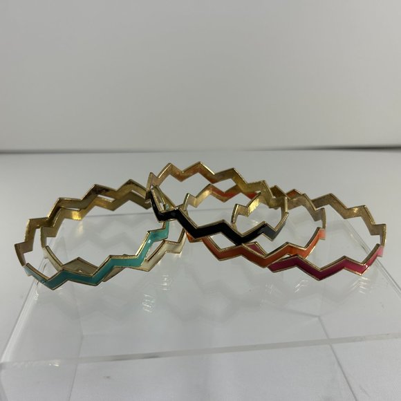 Chevron Metal Enamel Lot of 5 Bangles Bracelets Multi Color Gold Tone Stackable - Picture 2 of 5
